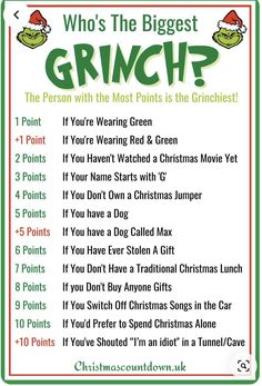 Grinch Holiday Games, Grinch Christmas Party Games For Kids, Who Is The Grinchiest Game, Grinch Family Christmas Party, Grinch Christmas Games Holiday Parties, Family Christmas Activity Ideas, Grinch Party Ideas Games, Grinch Minute To Win It Games, Grinch Scavenger Hunt Free Printable