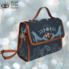 "► ABOUT THIS PURSE Colors: Deep blue-gray background with light blue-gray design Design: Whales, coral, moon phases, bubbles Express international shipping (cost of up to $30) is included in the price. The design is printed on all sides. The handle and trim are brown. The purse comes with a vegan brown strap. ♥ See all of our moths designs here: https://www.etsy.com/shop/BlueStarTrader?search_query=moths * Made from high-grade waterproof canvas, durable, water-resistant * Can be used as a nice Ocean Bag, Whale Canvas, School Bag College, Canvas Satchel, Business Briefcase, Canvas Purse, Travel Tote Bag, Cross Body Purse, Blue Whale