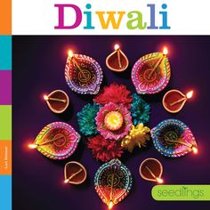 an image of diwali with candles and flowers on the front cover, in bright colors