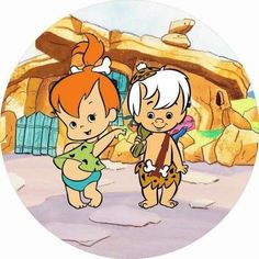 two cartoon characters standing next to each other in front of a rock formation with a cave