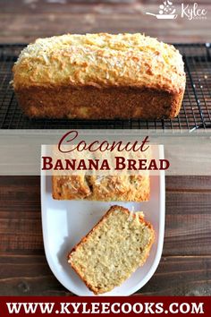 a loaf of coconut banana bread on a white plate next to a cooling rack with slices