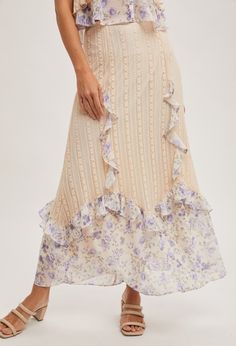 Introducing the 'Lavender Fields Maxi Skirt.' This elegant lace skirt is trimmed with delicate floral detailing, giving it a romantic touch. Fully lined for comfort and style. Elevate your wardrobe with this beautiful addition. Pair with our matching 'Lavender Fields Top' to complete the look! Content & Care: 90% Nylon, 10% Spandex Hand wash cold Luxury Romantic Lined Maxi Skirt, Spring Maxi Skirt With Lace Patchwork, Spring Lace Trim Tiered Maxi Skirt, Lace Patchwork Maxi Skirt, Summer Maxi Skirt With Lace Trim, Relaxed Fit, Crop Top Sweater, Lavender Fields, Midi Maxi Dress, Boho Bride