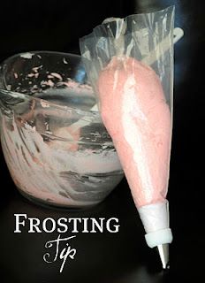 frosting in a glass bowl with a plastic spoon next to it and the words frosting tips