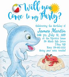 a birthday card with a dolphin and crab in the water, says will you come to my party?