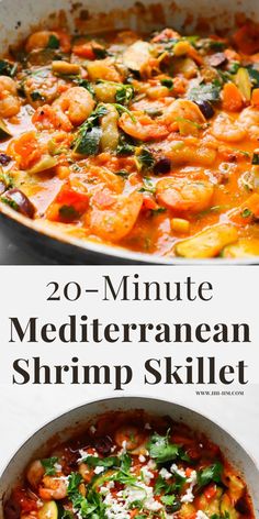 20-Minute Mediterranean shrimp skillet recipe! One of the best Mediterranean diet recipes! This Mediterranean skillet with shrimp, feta cheese and vegetables is easy, healthy and delicious! #Mediterranean #shrimprecipe Mediterranean Shrimp Skillet, Mediterranean Seafood Stew, Meditterean Diet Salmon Recipes, Health Mediterranean Dinner, Medtrain Food, Mediterranean Spaghetti Recipes, Meteranian Salmon Recipes, Quick Mediterranean Dinner Ideas, Mediterranean Diet Recipes For One