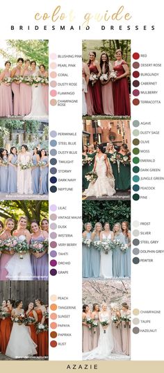 the color scheme for bridesmaid dresses is shown in several different colors and sizes