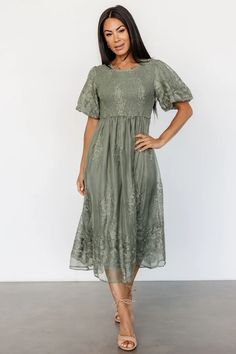 Corrine Embroidered Midi Dress | Deep Sage | Baltic Born Short Sleeve Dresses With Smocked Cuffs, Fitted Modest Smocked Dress, Modest Fitted Smocked Dress, Modest Smocked Dress For Garden Party, Modest Fitted Smocked Dress With Short Sleeves, Modest Summer Dresses With Smocked Cuffs, Modest Floral Embroidered Summer Dress, Modest Fitted Dress With Floral Embroidery, Modest Floral Embroidery Summer Dress