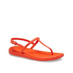 Crocs-Miami Sandal - Women's Showcase your minimalist style with the Miami sandal from Crocs. Designed with soft, flexible TPU upper, this thong sandal comes with Iconic Crocs Comfort to provide flexibility, lightweight feel, and 360-degree comfort. Drop-in Croslite sole completes this silhouette. Modern Summer T-strap Slingback Sandals, Trendy Orange Sandals With Cushioned Footbed, Orange Flat Synthetic Sandals, Casual Beach Jelly T-strap Sandals, Casual T-strap Jelly Sandals For Beach, Modern Flat Jelly Sandals For Beach, Casual T-strap Slingback Sandals, Modern T-strap Sandals For Beach, Synthetic T-strap Sandals With Arch Support