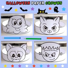 halloween paper crowns for kids to make with their hands and feet, including bats, cats and