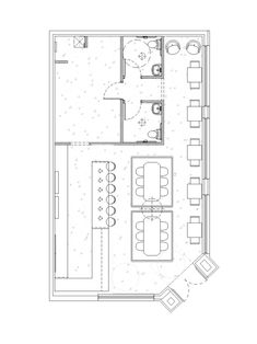 the floor plan for a restaurant with tables and chairs, an open kitchen area and living room