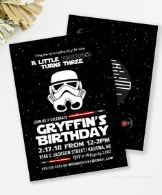 a star wars birthday party card with a storm trooper mask on it and the words gryffin's birthday written in white