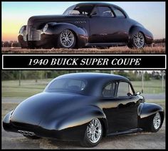 an old black car with the words 1940 buick super coupe