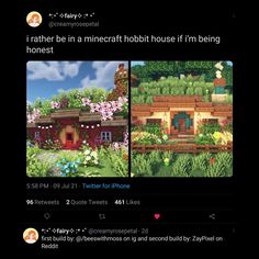 two screenshots of the same house with flowers and plants on them, one is in