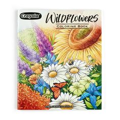 an adult coloring book with flowers and butterflies in the background, including sunflowers