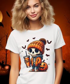 Get ready for Halloween with this playful and minimalistic T-shirt design! Featuring a charming, cartoonish skeleton in a bright orange beanie, this shirt captures the festive spirit with a touch of whimsy.  Fabric blends: Ash and Heather Prism colors - 99% Airlume combed and ring-spun cotton, 1% polyester; Heather and Solid Blend colors - 52% cotton, 48% polyester; Athletic Heather and Black Heather - 90% cotton, 10% polyester. Halloween White Shirt With Skull Print, Casual White Shirt For Halloween, Halloween Casual Shirt With Skull Print, Halloween White Skull Top, Casual Halloween Shirt With Skull Print, White Skull Print T-shirt For Fall, White T-shirt With Skull Print For Fall, White Skull Print T-shirt For Halloween, Mens Halloween