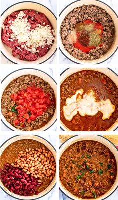 six images showing the steps to make chili and beans