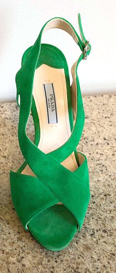 For Sale on 1stDibs - Fabulous brand new PRADA kelly green runway open toe heels! Vibrant green color on an architecturally appealing design. Adjustable strap can fit an array Modern Green Ankle Strap Heels, Luxury Green Evening Sandals, Luxury Green High Heel Sandals, Luxury Green Sandals With Padded Heel, Modern Green Sandals With Ankle Strap, Green Modern Ankle Strap Sandals, Modern Green Ankle Strap Sandals, Designer Green Sandals For Party, Luxury Green Open Heel Sandals