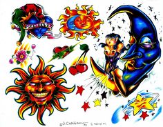 an assortment of tattoo designs including sun, moon and cherubs on white paper