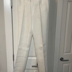 Full Leg Linen Pant In White. Brand New And Never Been Worn Without Tags. Size Xl, Us Women's Size 12. Front Rise Is 10", Back Rise Is 12", And Length From Top Of Pant To Bottom Of Pant Is 48". Elegant White Tapered Leg Bottoms, Classic White Full-length Dress Pants, White Linen Full-length Bottoms, White Fitted Classic Wide Leg Pants, White Tapered Leg Formal Pants, Classic White Fitted Wide Leg Pants, Classic White Full-length Bottoms, Classic White Full Length Bottoms, Classic White Linen Wide Leg Pants