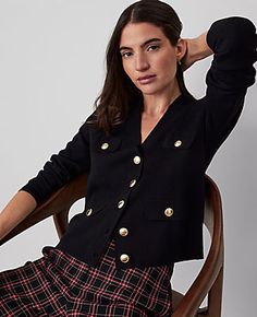 Texturally refined, this V-neck sweater jacket is finished with polished button detail. V-neck. Long sleeves. Button front. Chest and hip welt button pockets.,Imported:Imported,Fit:Softly fitted,Length:21 1/2" long,Fabrication:60% Polyester, 40% Viscose,Garment Care:Machine Washable V-Neck Sweater Jacket by Ann Taylor Size regular - XL Black Women's V-Neck, Long, Sleeve, Jacket, Sweaters, 60%, Polyester, 40%, Viscose, Machine, Washable Best Fall Sweaters V-neck Cardigan With Button Cuffs For Work, V-neck Outerwear With Pockets For Office, Classic Single Breasted V-neck Outerwear, V-neck Office Outerwear With Pockets, Long Sleeve Workwear Sweater With Buttoned Pockets, Long Sleeve Sweater With Buttoned Pockets For Work, Single Breasted Long Sleeve Sweater For Work, Single Breasted V-neck Outerwear For Work, Classic V-neck Outerwear With Buttons