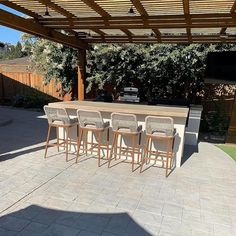 an outdoor kitchen with bar stools and grill in the back yard, under a pergolated roof