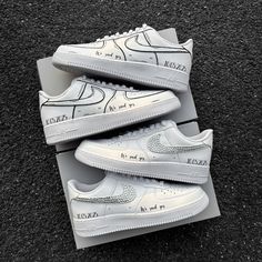 2 pairs of Custom Nike Air Force 1: Both pairs with your wedding date, "We said yes" inscription, and engraved Lace Locks. Pair 1 additionally with rhinestones on the Swoosh Pair 2 additionally in cartoon design * Hand-painted in Germany * Unique and individual production * Waterproof & scratch-resistant * 1-2 weeks processing time Fonts: Possible fonts can be found in the image after the video (if you want a font not listed there, just let me know). Lace Locks: These are the metal plates on the Nike Air Force 1 Wedding, Air Force 1 Wedding, We Said Yes, Custom Nike Air Force 1, Custom Nike Air Force, Custom Nike Air, Custom Nike, Metal Plates, Hand Painted Shoes