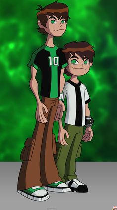 two young men standing next to each other in front of a green and black background