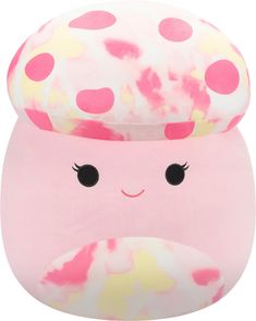 a pink and yellow stuffed animal with polka dots on it