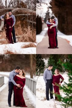 a man and woman standing next to each other in the snow with their arms around each other