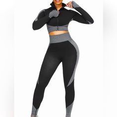 This Two Piece Color Block Copped Zip Up Jacket And Super High Waist Leggings That Fits Like A Glove! Shirt Is Not Included! 80% Polyester, 12% Nylon, 8% Spandex (Phenomenal Stretch) Model 5'2, 34dd, 140lbs Wearing Size M. Gray High Stretch Activewear For Fall, High Stretch Gray Activewear For Fall, Gray Compression Long Sleeve Activewear, Functional Black Activewear For Fall, Black Functional Activewear For Fall, Gray Stretch Activewear For Fall, Gray Stretch Fit Activewear For Winter, Gray Activewear For Winter Workout, Gray Stretch Activewear For Winter