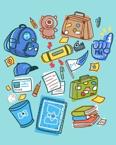 various items are arranged in the shape of a circle on a light blue background, including books and backpacks