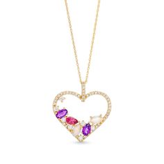 Celebrate love, life and color with this stunning diamond and gemstone heart pendant. 10K gold The open heart-shaped pendant is completely outlined with shimmering diamonds Set inside the heart, an array of purple amethyst, pink tourmaline and lab0-created white opal add eye-catching color Additional diamonds line the pendant bail 3/8 ct. t.w. of diamonds 18.0-inch rope chain; spring-ring clasp Diamond Heart Necklace With Gemstone, Fine Jewelry Diamond Heart Necklace With Gemstone, Heart-shaped Diamond Necklace With Gemstone, Diamond Heart Pendant Necklace With Gemstone, Wedding Open Heart Gemstone Necklace, Elegant Heart-shaped Multi-stone Necklace, Elegant Multi-stone Heart Necklace, Heart-shaped Multi-stone Necklace Gift, Heart-shaped Multi-stone Necklace For Gift