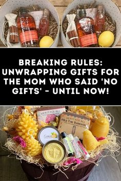 two buckets filled with different types of items and text reading breaking rules unwrapping gifts for the mom who said no gifts - until now