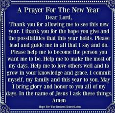 a prayer for the new year with an image of a blue background and white border