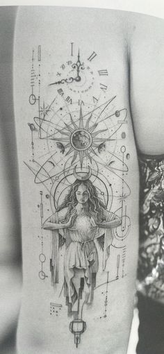 the back of a woman's thigh with a clock and angel tattoo on it