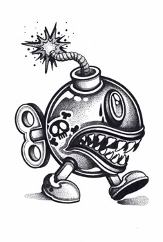 an ink drawing of a cartoon character with a bomb in his mouth and the caption's name on it