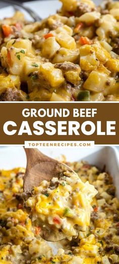 ground beef casserole in a white dish with a wooden spoon and text overlay