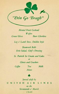 the menu for an irish restaurant with four leaf clovers on it's side