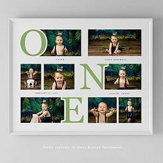 a white framed photo with green letters and pictures of baby's first birthdays