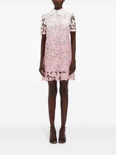 Oscar De La Renta Ombré Peony Guipure Shift Dress | Pink | FARFETCH Daytime Dresses, Guipure Lace, Mini Shift Dress, Dress Pink, Shirt Collar, Bridal Collection, Signature Style, Soft Pink, Pink Dress