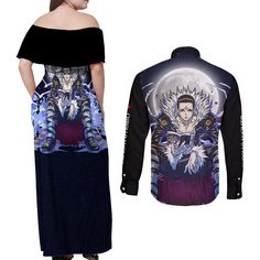 Chrollo Lucilfer Phantom Troupe - Anime Couples Matching Off Shoulder Maxi Dress and Long Sleeve Button Shirt  Save on shipping and order more than one combo.    
 PLEASE READ THE SIZE CHART CAREFULLY BEFORE CHOOSING YOUR SIZE. 
 
 - Material: Polyester fiber (polyester), Moderate softness, cotton. 
 Each panel is individually printed, cut and sewn to ensure a flawless graphic with no imperfections. And high definition printing makes these a pleasure to wear for all occasions. 
 Features a specialty high definition heat-dye application that ensures long lasting color vibrancy even after machine washing. 
 
 THE CUSTOM ORDER PROCESS: 
 Our all-over printed products require 3-7 business days production time, quality is checked before and after printing. 
 We take pride in offering you a keep Chrollo Lucilfer, Phantom Troupe, Off Shoulder Maxi Dress, Couples Matching, Matching Couples, Button Shirt, Definition Prints, High Definition, Off Shoulder