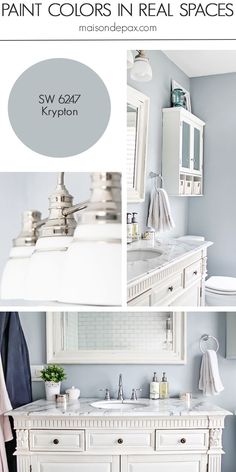 a white bathroom with blue walls and gray counter tops is featured in this ad for the paint color home tour nature - ins