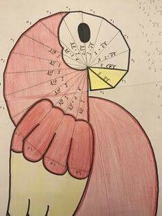 a drawing of a pink bird with numbers on it's wings