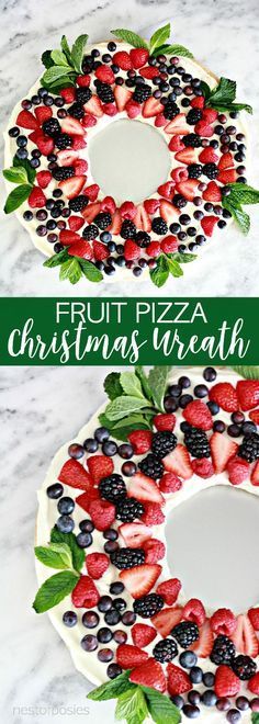 two pictures of a christmas wreath made out of fruit