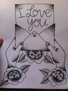 i love you tattoo design with roses and an envelope