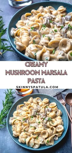 creamy mushroom masala pasta in a blue bowl