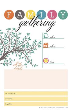 a family gathering card with a tree on it