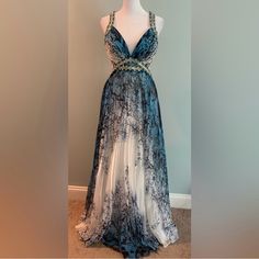 Soft Pleated Jeweled Chiffon Gown W/Open Back, Floor Length. Item # 1001 Blue Flowy Elegant Gown, Elegant Flowy Blue Gown, Elegant Blue Flowy Gown, White Chiffon Gala Dress, Blue Chiffon Gala Gown, Blue Chiffon Gown For Gala Events, Blue Chiffon Gown For Gala, Chiffon Gown, Floor Length