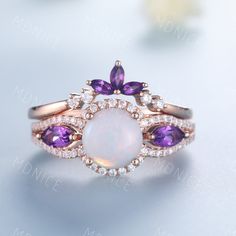 Genuine Opal Bridal Set/ Opal Engagement Ring Set/ 14K Solid Rose Gold Ring/ Opal Amethyst Wedding Ring Set/ Natural Opal Ring Set Unique wedding set,perfect as engagement/wedding ring, birthday or anniversary gift, etc. Engagement Ring ❀gemstone is 7mm round cut natural opal❀ ❀ band stone : 4X2mm marquise cut amethyst + man made diamond stones,VVS Clarity,AAA❀ ❀925 Sterling Silver,Rose/White/Yellow Gold Plated❀ ❀14/18k Solid White/Rose/Yellow gold❀ Wedding Band ❀ 3X1.5mm marquise cut amethyst + Wedding Oval Amethyst Ring In 14k Gold, Elegant Multi-stone Amethyst Wedding Ring, Yellow Gold Amethyst Ring With Center Stone For Wedding, Gold Amethyst Ring For Wedding, Round Cut, Wedding Yellow Gold Amethyst Ring With Halo Setting, Gold Amethyst Ring For Wedding, Elegant White Amethyst Ring Gift, Heirloom Purple Diamond Wedding Ring, Heirloom Style Purple Diamond Wedding Ring