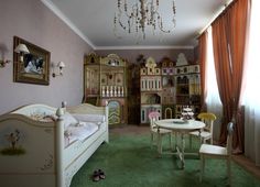 a child's room with green carpet, furniture and decor on the walls as well as a chandelier